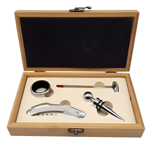 Set  Vino Caja Madera Sacacorchos Termómetro Cortagota Tapon 1