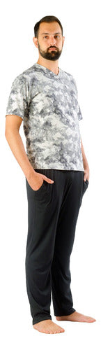 Men's Short Sleeve Black Long Pants Pajama - Winter 1