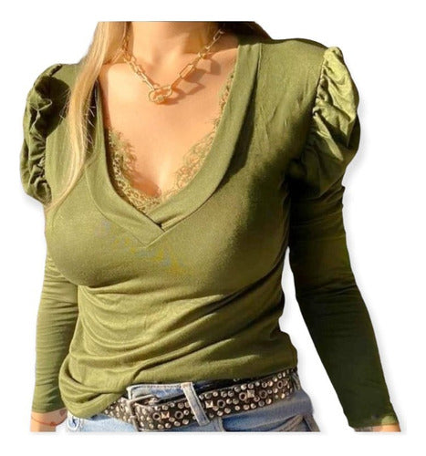V-Neck Princess Sleeves T-shirt with Lace Detail - Very Sexy 13