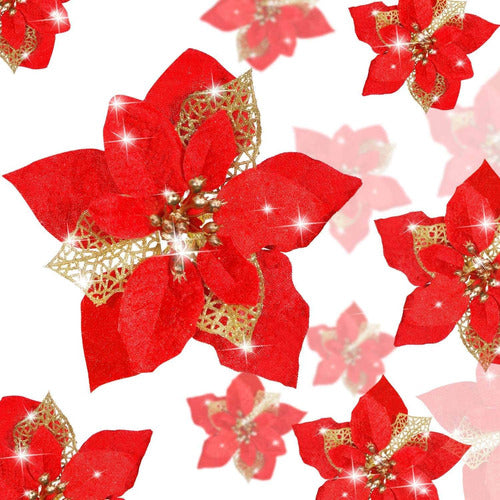24 Pieces Christmas Glitter Flowers Poinsettia Artificial Xmas Flowers (Red) 0
