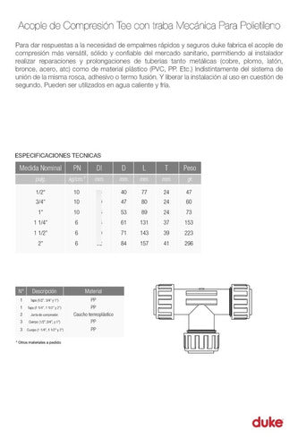 Duke Acople Tee De Compresión Para Caño De Polietileno 3/4 2