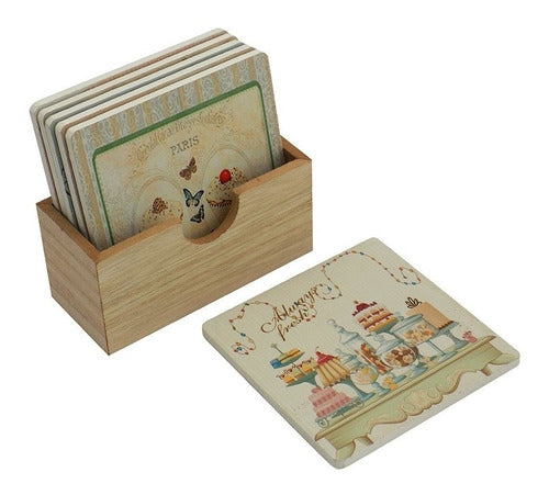 Selecta Set X6 Coasters Wooden Box 10x10cm Sweets 0