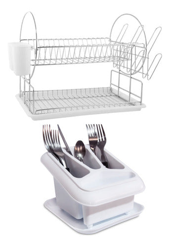 Art de limpieza Double Tier Chrome Dish Drainer with Tray + Cutlery Holder 0