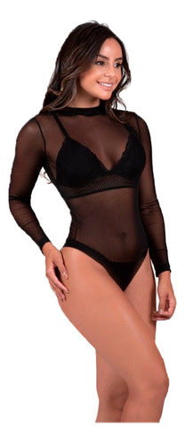 Black Long Sleeve Sheer Microtulle Bodysuit Top 0