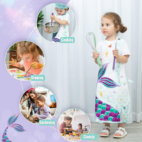 WERNNSAI Mermaid Apron Set - Waterproof Cooking Aprons for Kids 2