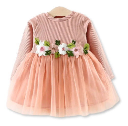 Cucu Baby Pink Long Sleeve Dress with Floral Details for Babies 0