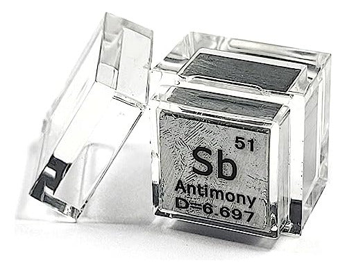 10mm Antimony Metal Cube with Periodic Table Element Engraving in Acrylic Box 0