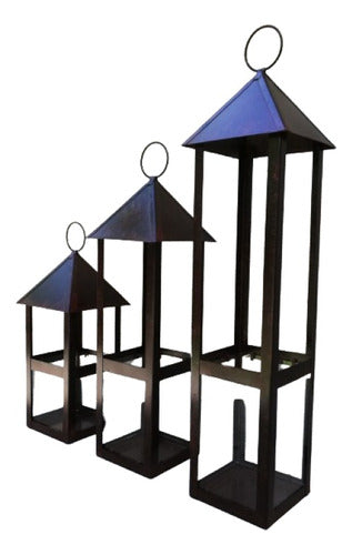 Set of Rust Patina Sheet Metal Lanterns with Glass 70, 55, and 40 cm 0
