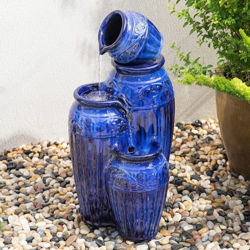 Glitzhome 27.25 H Garden Fountain with LED Lights and Pump, 4 Levels of Cobalt Blue Relief Pattern 1