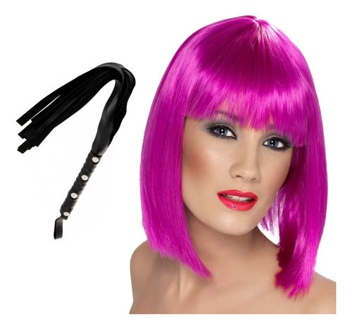 Mercadoflash Short Lilac Wig + Faux Leather Whip with Fringe Costume 0