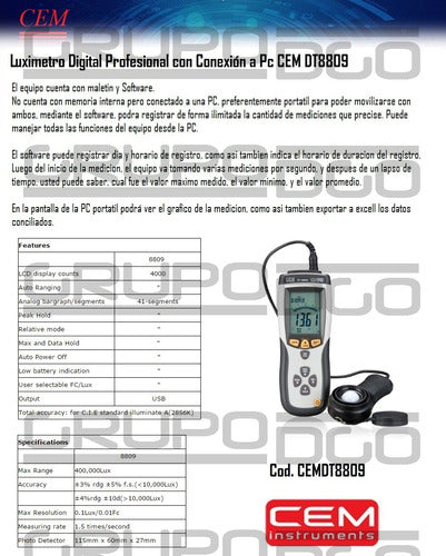 Professional Digital Lux Meter with PC Connection DT8809 CEM 1