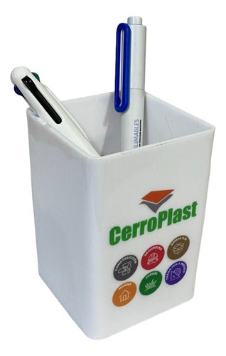 50 White Plastic Pen Holder Cubes with Full Color Logo Printed on 2 Sides 0
