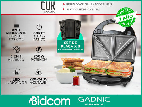 Waflera Eléctrica + Grill + Sandwichera Tostados 3 En 1 750w 1