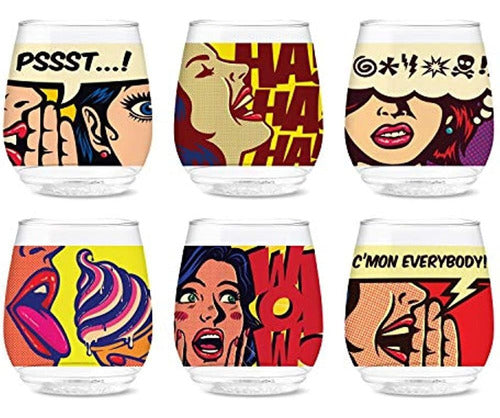 Tossware Pop 14oz Vino Pop Art Comic Series, Juego De 6, Cal 0