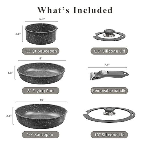 Bazova Removable Handle Cookware Set - 6 Piece Nonstick Granite Pots and Pans 1