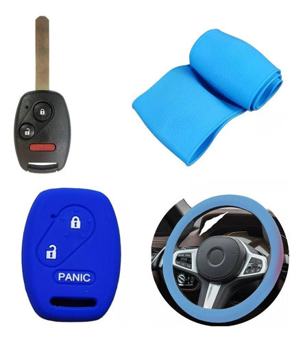 Silicone Steering Wheel Cover + Key Fob Case - Honda City Civic Blue 0