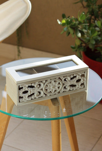 Tienda Carmela Moroccan Style White Patina Wooden Tea Box with 3 Divisions 6