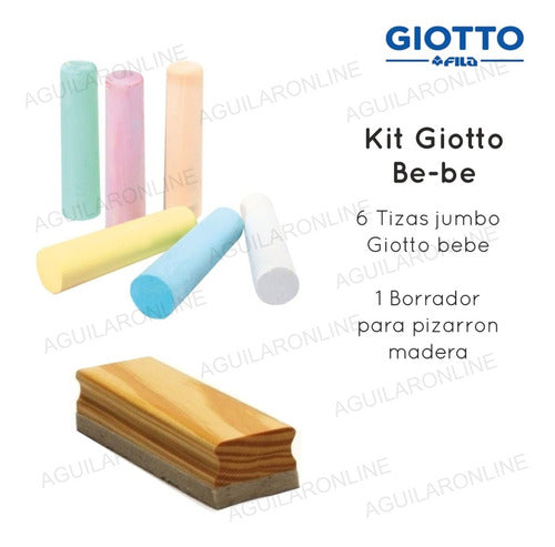 Kit Set 6 Giotto Bebe Chalks + 1 Wooden Chalkboard Eraser 1