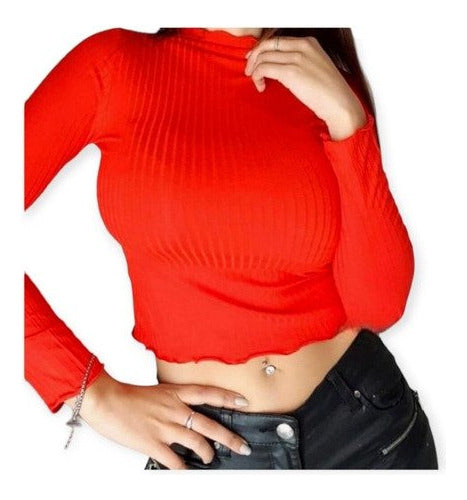 Ribbed High Neck Long Sleeve Shirt with Ruffle Detail 15