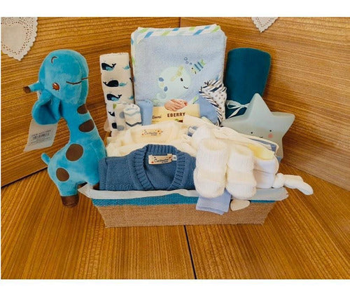 Caja Unica Canasta Original Ajuar Celeste Para Varón Peluche Y Veladora 2