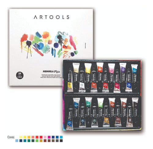 Aquarela Bisnaga 24 Cores + Kit 12 Pincel + Bloco + Gode 3