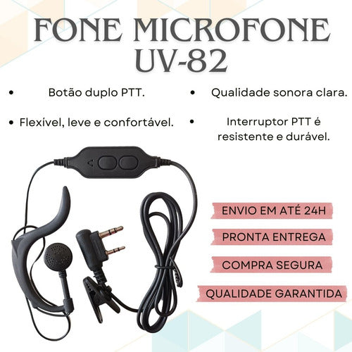 Combo 5 Fone Com Ptt Duplo Para Modelo Rádio Uv-82 Baofeng 7