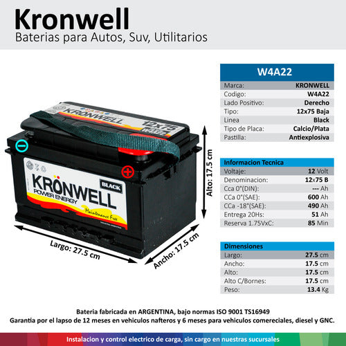 Kronwell 12x75b Battery for Fiat Duna 1.7 D 4