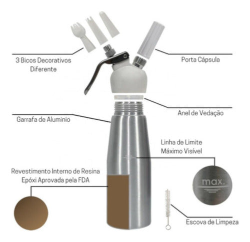 Garrafa Dispenser Chantilly Sifão Inox 500ml Cápsula Gás No2 4