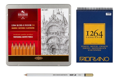 Koh-i-noor Set: 24 Graphite Pencils, Eraser & Fabriano Sketchpad 0