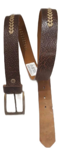 Agustino Cueros Embroidered Leather Belt with Herringbone and Cross Design 0