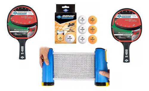 Donic Ping Pong Kit: 2 Protection Line 400 Rackets + 6 Jade Balls + Retractable Red Net 0