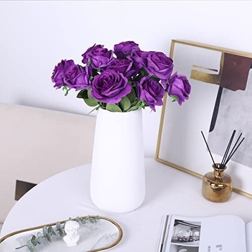 Justoyou 10pcs Realistic Artificial Roses with Long Stem Violet 5