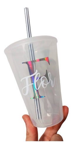 40 Personalized Transparent Plastic Cups with Holographic Initials and Name - 400cc Souvenir 0