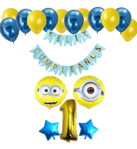 Minions Balloons Set: 2 Balloons + Banner + Large Number + 2 Stars + 12 Latex 0