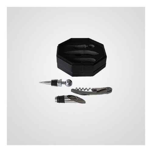 Kit Vino 3 Piezas Caja Símil Cuero Octogonal Accesorios Pico 0