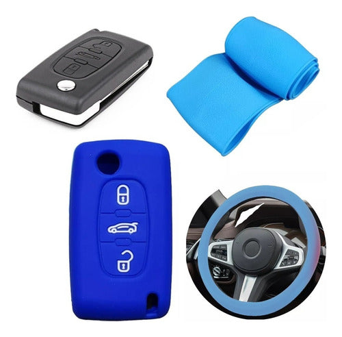 Cubre Volante + Funda Llave Silicona Citroen C4 Picasso Azul 0