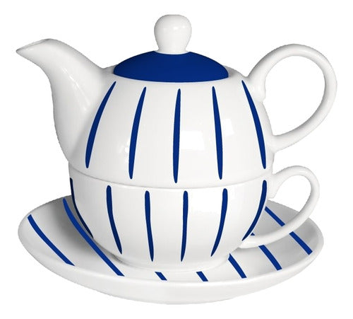 Selecta Ceramic Teapot with Cup and Saucer Blue Lines 0