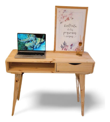 Nordic Style Notebook Desk with Drawer and Metal Guides - Pine Wood 4