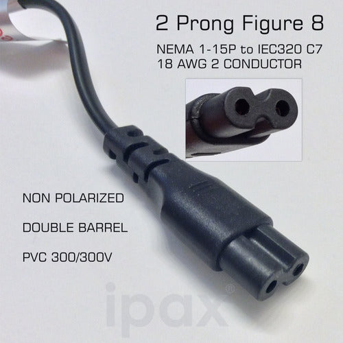 Ipax 10ft Long Two Prong Adaptador De Corriente Ca Cable 1