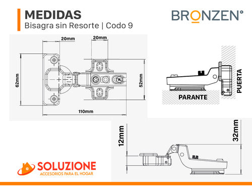 Bisagra 35mm Codo 9 Sin Resorte Muelle Premium X 12 Unidades 2