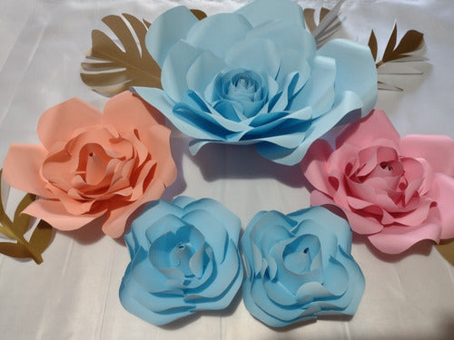 Giant Paper Roses Kit for Weddings and Candy Walls - Set of 5 Flowers and Leaf Branches 3