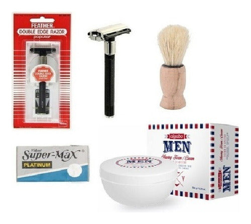 Feather Sustainable Double Edge Razor Shaving Kit with Super Max Blades, Shaving Cream, and Shaving Brush - Afeitadora Feather Filos Crema Afeitar Brocha Barba Barber
