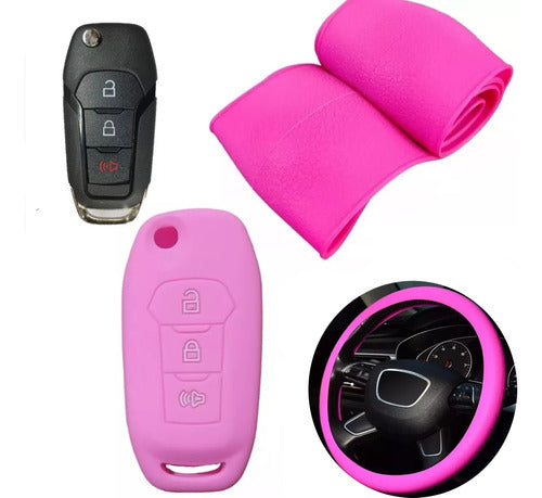 Cubre Volante + Funda Llave Silicona Ford Ka Nuevo - Rosa 0