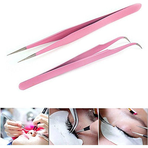 Akoak 2 Pieces Stainless Steel Eyelash Extension Tweezers - Straight and Curved - Pink 0