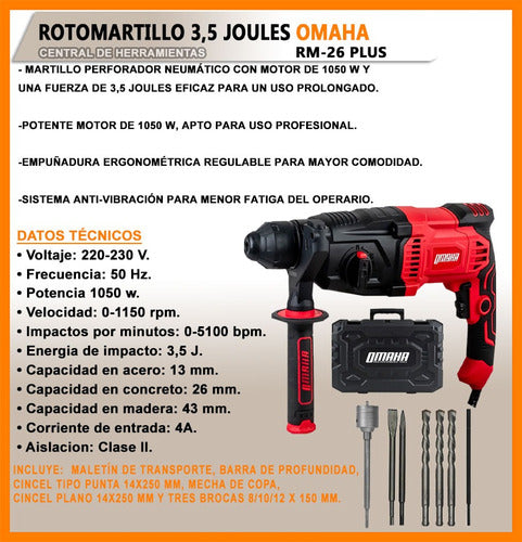 Omaha 1050W 3.5J Electric Rotary Hammer + Drill Bit Set 4