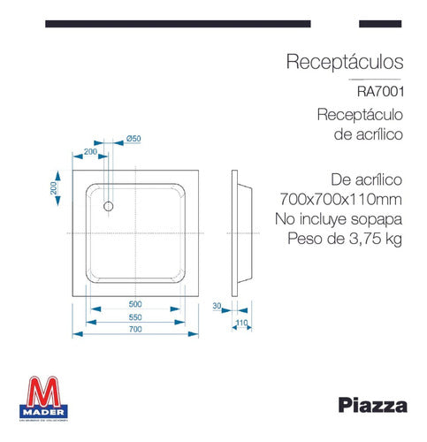 Receptaculo De Ducha Acrilico Piazza 70x70 Baño Ra7001 2