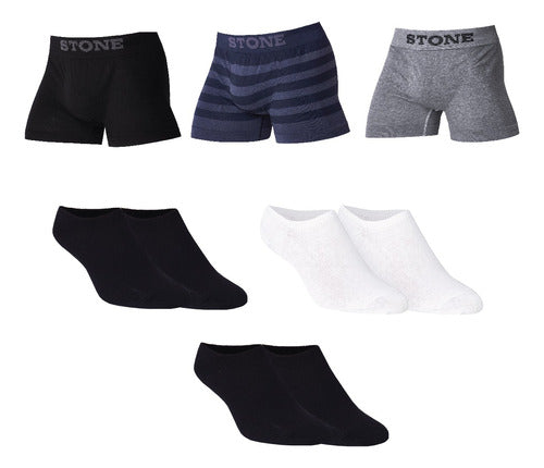 Stone Boxer X3 Assorted + 3 Pairs Invisible Socks Stone 0