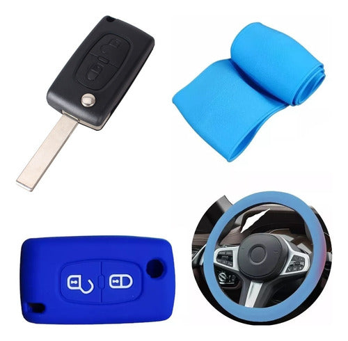 Cubre Volante + Llave Silicona 2 Botones Navaja Peugeot Azul 0