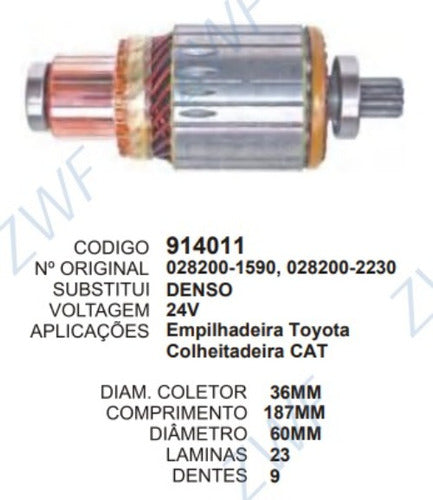 Induzido Motor Partida Empilhadeira Toyota Colheitadeira Cat 3