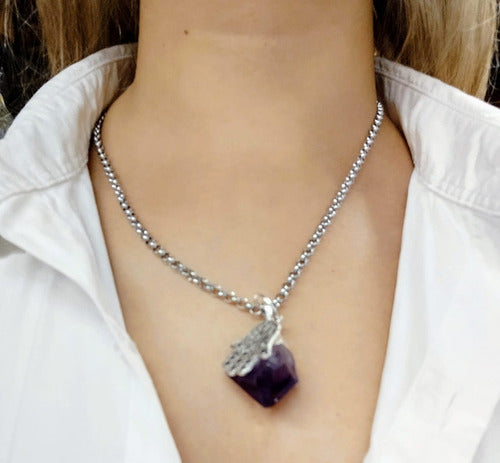 Clematisdeluz Long Necklace Amethyst Gemstone Pendant Surgical Steel 7